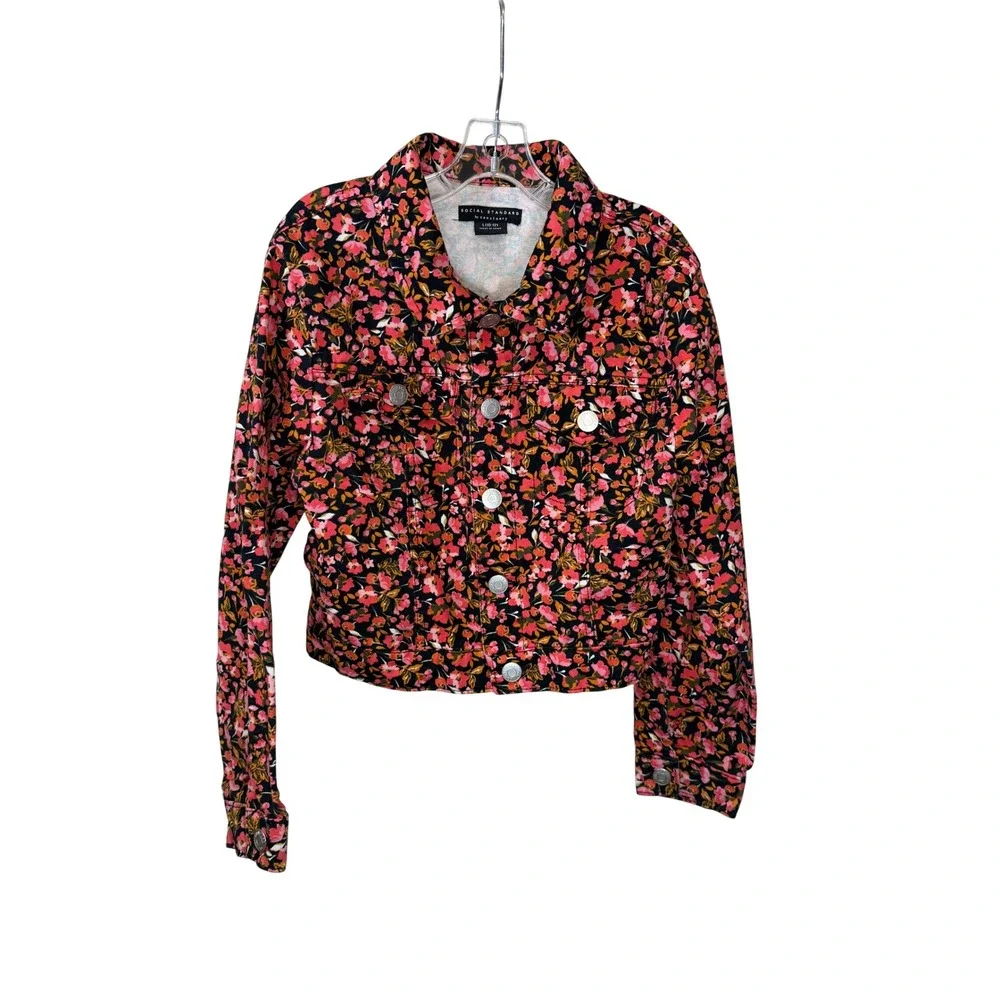 Social Standard Sanctuary Girls Floral Denim Jacket Pink Orng Blck L 10-12 0386